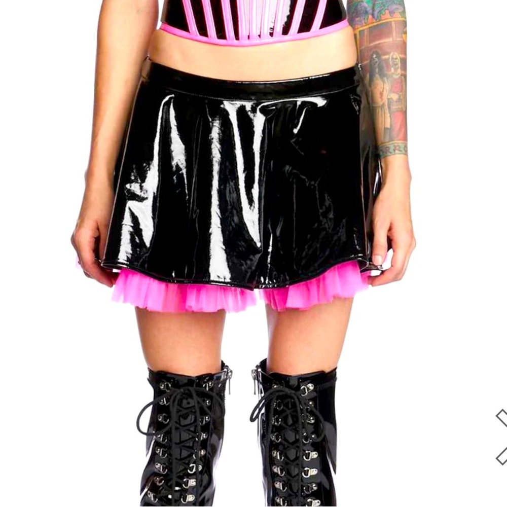 In Your Nightmares Mini Skirt - Black Vinyl with Hot Pink Tulle - New with Tags!